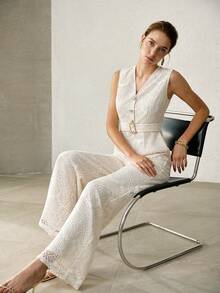 MOTF PREMIUM FRENCH CHIC DESIGN DECORATIVE BELT V-NECK SLEEVELESS HIGH WAIST SLIMMING WIDE LEG WOMEN JUMPSUIT - Apricot - View 6