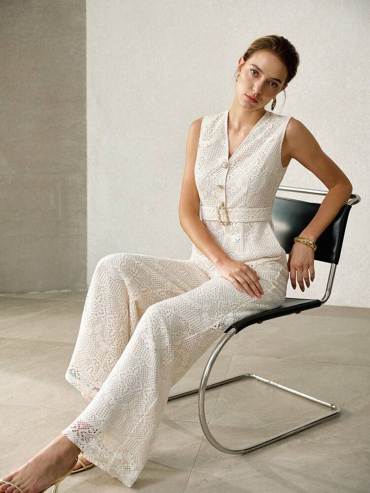 FRENCH CHIC DESIGN DECORATIVE BELT V-NECK SLEEVELESS HIGH WAIST SLIMMING WIDE LEG WOMEN JUMPSUIT