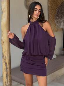 Aloruh Vestido mini para mujer con hombros descubiertos, mangas de farol, parte superior holgada y Bottom ajustada - Morado - Ver 8