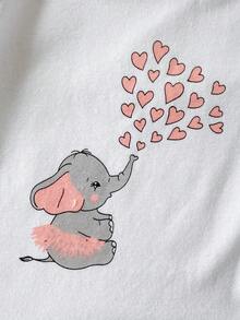 SHEIN Playful Pals 5件組新生兒男嬰女嬰粉色&白色大象愛心印花連身衣 + 彈性腰圍滿版印花長褲 + 帽子手套圍兜休閒舒適純棉柔軟套裝，適合夏季外出或居家穿著 - 淺粉色 - 查看 10