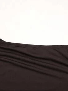 SHEIN 青少年女孩夏季棕色針織不對稱肩褶皺金屬扣飾貼身迷你洋裝 - 棕色 - 查看 6