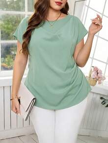 Reflora Plus Size Summer Elegant Solid Color Round Neck Side Ruched Waist Blouse Fall - Mint Green - View 4