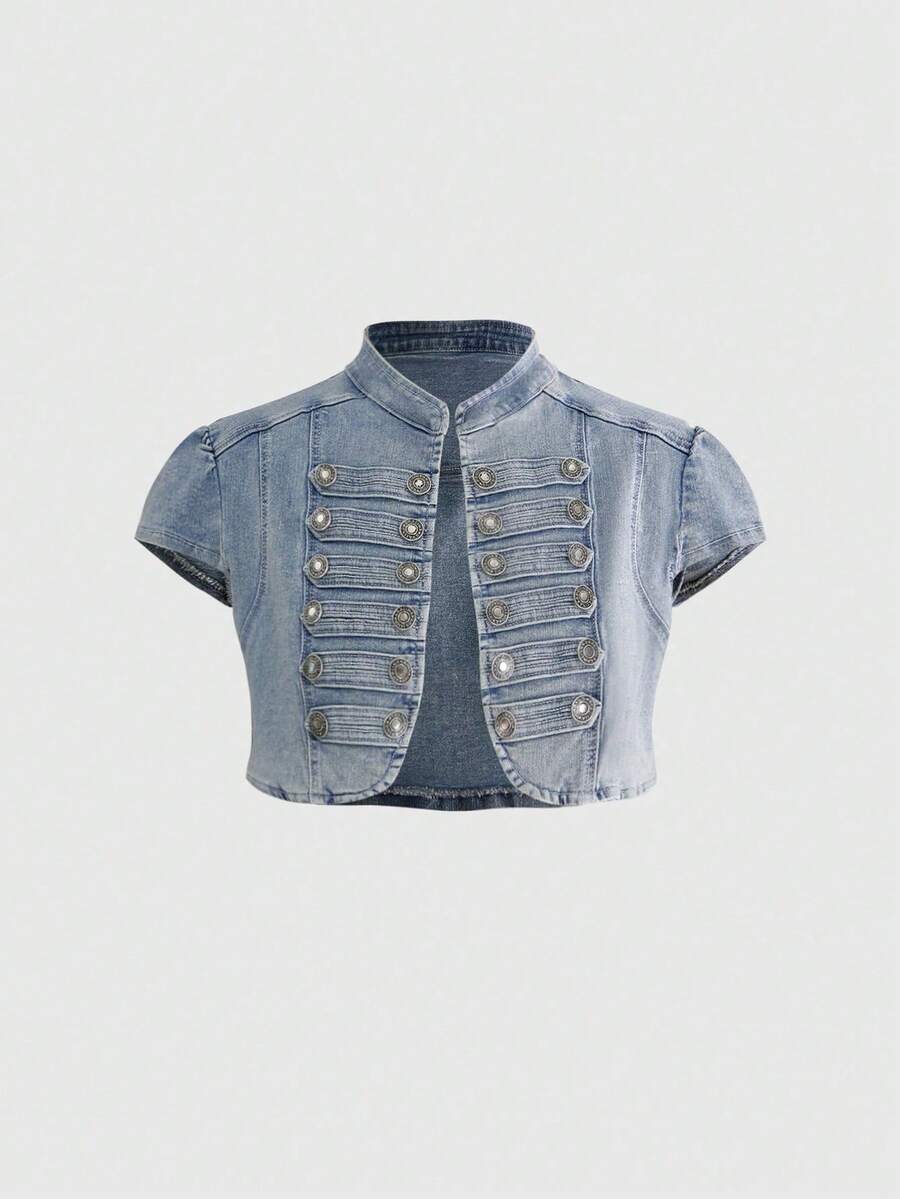 ROMWE Grunge Punk Áo khoác denim lửng kiểu vintage punk màu xanh hải quân với cúc cài, trang phục mùa hè cho lễ hội âm nhạc. - Màu xanh lam - Xem 1