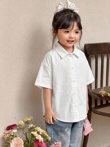 SHEIN LMoss Kids 少女編織素色休閒襯衫 - 白色 - 查看 4