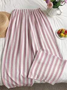SHEIN EZwear 女士粉色抽绳休闲宽松条纹裤，百搭 - 粉色 - 查看 2