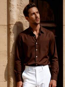 Officeau Men's Dress Shirt Long Sleeve Button Up Shirt Solid Brown Shirt For Wedding Office Work Formal Party Old Money Style Gift For Father Boyfriend, Minimalist Shirts, For Fall, Men's Dress Shirt Spring To Summer - Coffee Brown - View 9