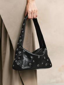 Viva Strut Ladies, Women Shoulder Bag, Hobo Bag, Black, Faux Leather, Fashionable, Personalized, Simple, Versatile, Street, Sweet And Cool Girls, Hot Girls, Y2k, Retro, Rivets, Vintage, For Commute, Office, Date, Daily, Shopping, School - Pure black - View 2