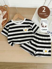 SHEIN Baby Girl Knitted Round Neck Striped Loose Casual T-Shirt And Shorts Set 2pcs - Black and White - View 5