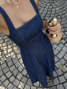 SHEIN Tall 女款方領無袖牛仔長洋裝，休閒夏季海灘度假優雅穿搭，時尚收腰細肩帶裙，適合高個女性 - 深色水洗藍 - 查看 3