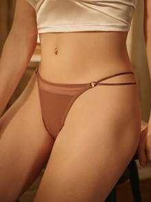 Bisouelle 1件纯色性感腰带网纱拼接女士丁字裤 - 棕色 - 查看 1