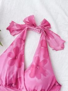 SHEIN Tween Girls Dresses Summer Casual Vacation Floral Print Mesh Halter Neck Dress - Hot Pink - View 3