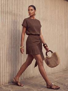 Zivah Women's Solid Color Pleated Casual Party Short Dress - Brown - View 8
