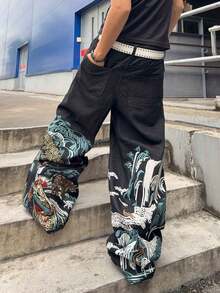 ROMWE MEN 男款刺繡圖案寬鬆版型牛仔褲 - 藍色 - 查看 2