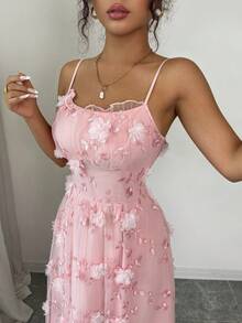SHEIN Clasi Women's Elegant Pink Floral Summer Wedding Ninang Dress,Vintage Spaghetti Strap 3D Floral Embroidered Mesh Overlay A-Line Puffy Hem Reception Dress - Pink - View 4