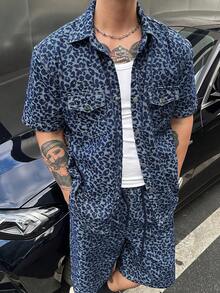 DAZY Bộ áo sơ mi ngắn tay và quần short denim giặt mài họa tiết hoa cho nam - Màu xanh lam - Xem 7