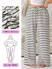 Solflare Pantalones casuales con cordón a rayas blancas y negras, versátiles para otoño/invierno, talla grande - Multicolor - Ver 1