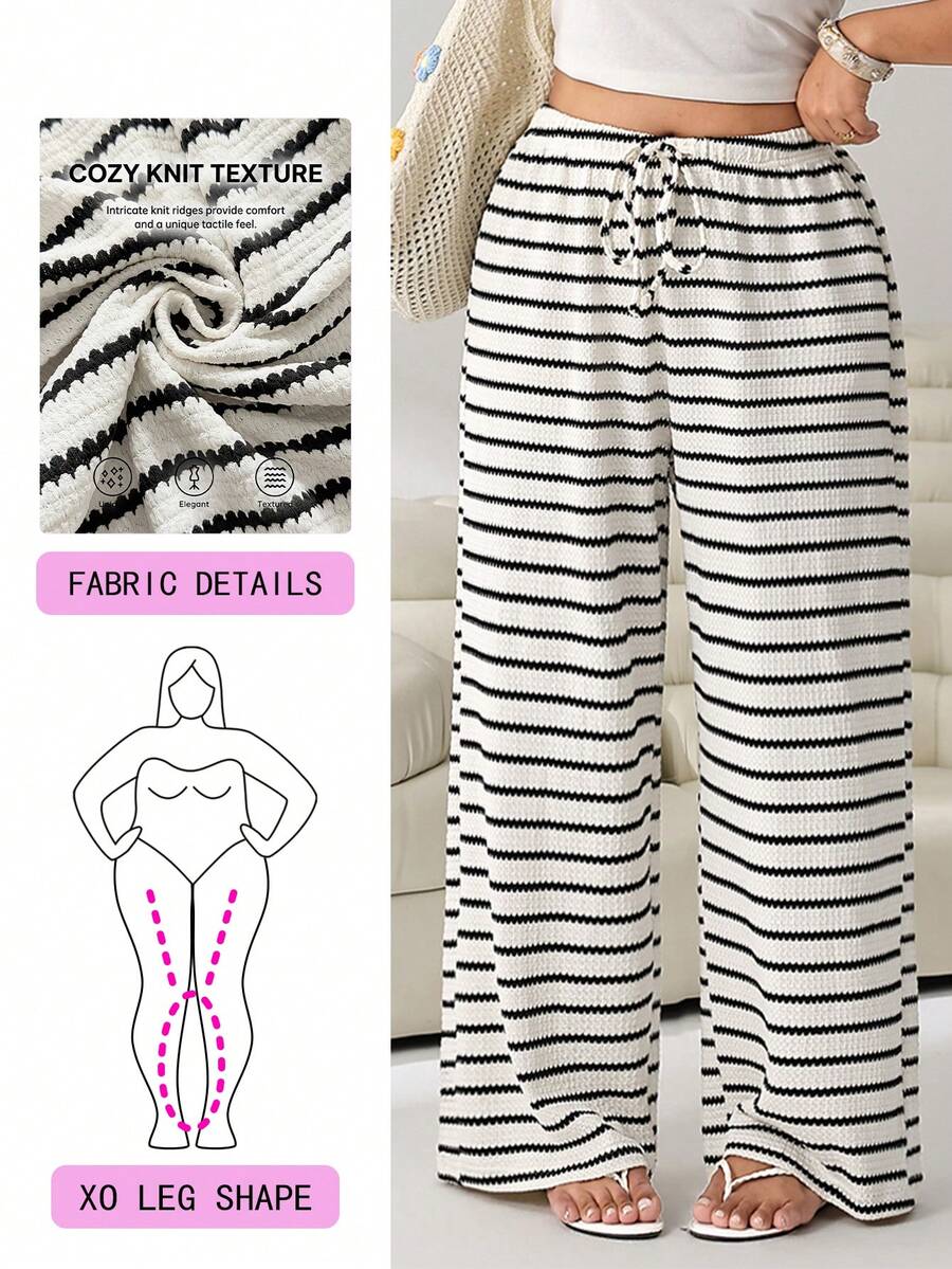 Solflare Pantalones casuales con cordón a rayas blancas y negras, versátiles para otoño/invierno, talla grande - Multicolor - Ver 1