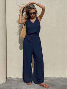 Serisse Women's Spring/Summer High Waist Sleeveless Solid Color Drawstring Jumpsuit - Navy Blue - View 4