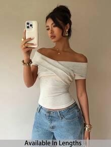 SHEIN PETITE CURVE Áo thun trễ vai thời trang cỡ lớn dành cho nữ, mùa hè - Màu be - Xem 2