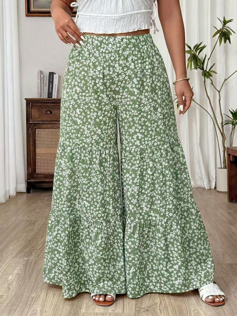 Weeklong Plus Size Women's Random Print Green Floral Elastic Waist Layered Ruffle Leg Wide Leg Pants, Summer Fall - Green - View 1
