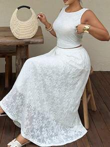 Dazy Plus Women's 2pcs White Plus Size Vacation Casual Set, Round Neck Lace Sleeveless Top & Elastic Waist Long Skirt Summer - White - View 1