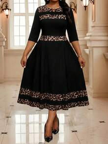 SHEIN Lady CURVE 大尺碼優雅拼接豹紋圓領中袖洋裝 - 彩色 - 查看 3