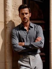 Officeau Men's Grey Shirt Formal Solid Color Long Sleeve Single-Breasted Dress Shirt Spring To Summer - Grey - View 12
