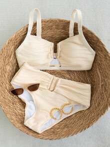 Swim Chiccia 2026春夏棕色粗肩带可调节后背金色U型装饰高腰荷叶边设计女士优雅比基尼泳装两件套比基尼套装女士高腰沙滩装两件套女士两件套沙滩装夏季泳装Zestiva泳装斑马纹比基尼套装两件套女士沙滩装 - 杏色 - 查看 6