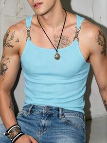 Manfinity Dauomo Men's Solid Color Minimalist Sexey Elegant Everyday Metal Strap Tank Top Skyblue Summer Rave - Baby Blue - View 3