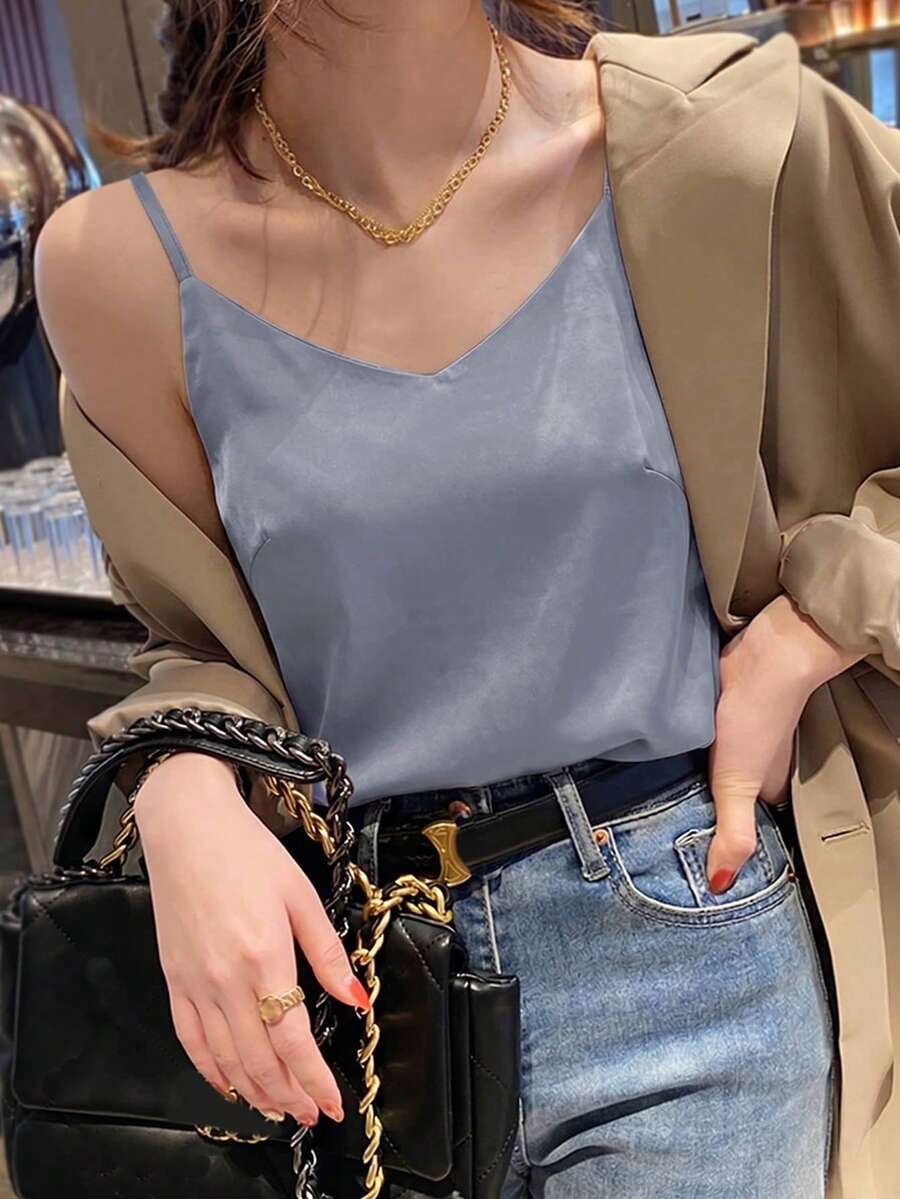 DAZY 女款素色休閒百搭日常出遊細肩帶上衣 - 藍色 - 查看 1