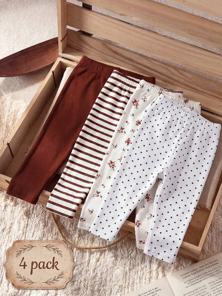 SHEIN Baby Girls Leggings For Toddlers Assorted Prints Comfortable Toddler Girls Pants Set With Floral Stripe Polka Dot Designs Cute Baby Girls Leggings Soft Stretchable For Everyday Wear,Leggings For Baby Young Girls Pants Sets Baby Leggings Pack Baby Clothes Leggings For Babys,Baby Girls Clothing,Baby Girls Bottoms - Multicolor - View 1