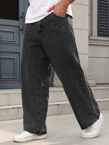 Manfinity Homme Loose Men Cotton Solid Slant Pocket Jeans Holiday Dark Wash Summer Streetwear - Black - View 7