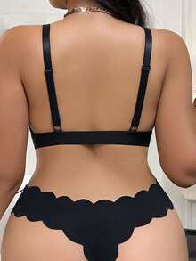 2 piezas Conjunto de lencería con cierre frontal inalámbrico y borde ondulado para tallas grandes - Negro - Ver 2
