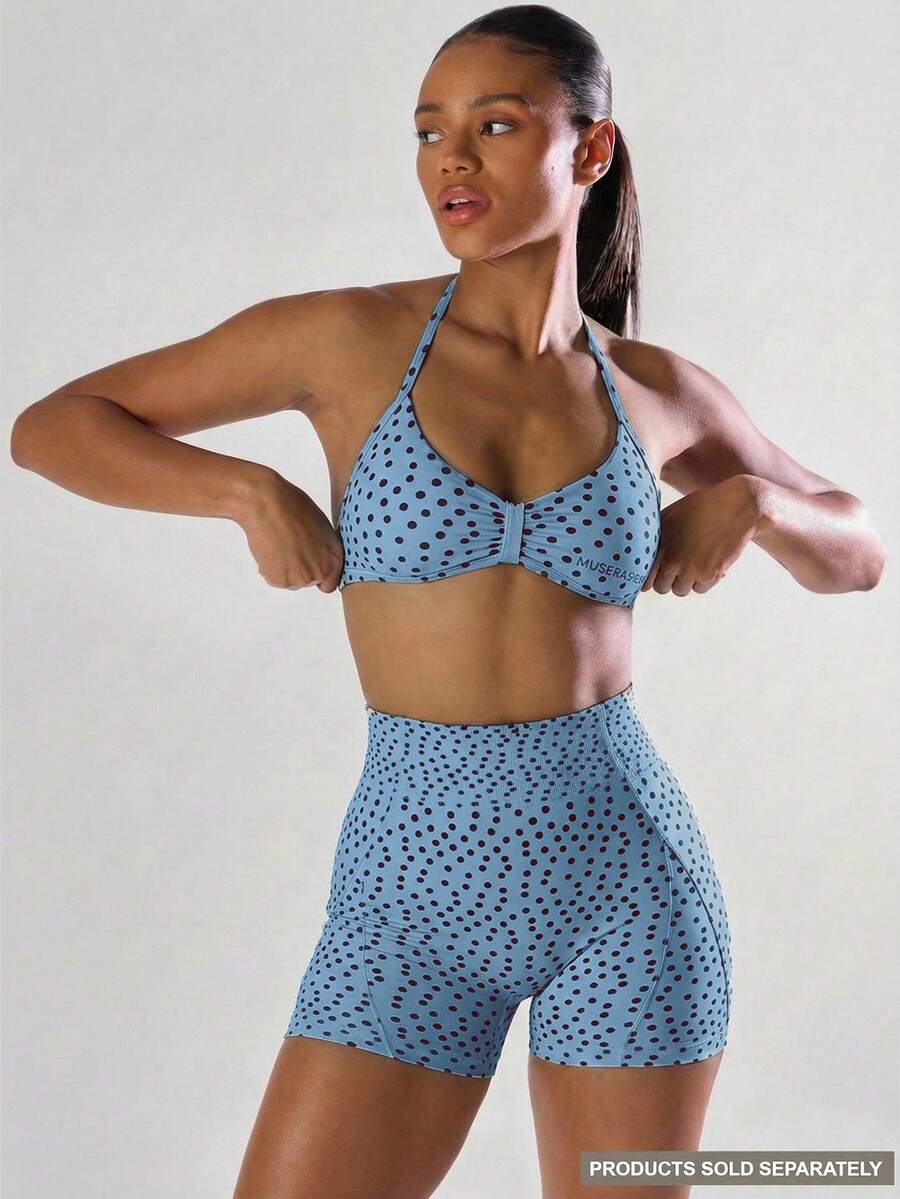 Musera Sport 素色抓皺胸前開口露背掛脖運動內衣,舒適運動健身房跑步跑團、板式網球、網球、皮克球健身運動 - 淺藍色 - 查看 1