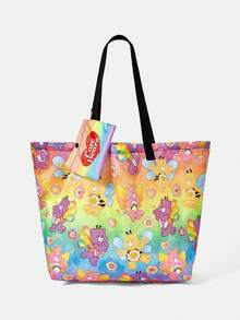 SHEIN X Care Bears 1pcs Fashionable And Lightweight Foldable Printed Pattern Tote Bag, Shopping Bag, Portable Shoulder Bag, Card Storage Bag, Travel And Shopping, Etc - Rainbow - View 1
