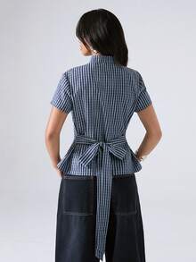 LYSMO 女款夏季休閒條紋收腰襯衫 - 藍色 - 查看 8