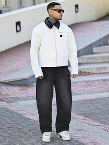 Devon Thys 男士长袖街头风撞色仿皮领拉链短款夹克，常规版型，适合万圣节、圣诞节、日常街头穿搭和休闲聚会，周年纪念日送给男友/老公的完美礼物。黑白Y2K风格夹克，秋季必备。 - 杏色 - 查看 1