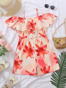Mono con volantes y hombros descubiertos con estampado floral para vacaciones de niña preadolescente - Multicolor - Ver 3