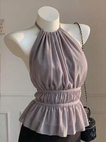 SHEIN EZwear 女士褶皱吊带露背性感吊带背心，春夏款 - 灰色 - 查看 6