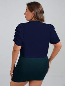 Chikora Chaqueta corta de unicolor con mangas abullonadas y plisadas, talla grande, estilo casual de negocios para mujer - Azul Marino - Ver 2