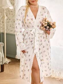 SHEIN Bata de baño/camisón largo nuevo para mujer primavera/verano, talla grande, holgado, estampado floral pequeño, ropa de estar en casa - Beis - Ver 4