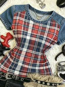 Lalippa Áo croptop denim kẻ caro Y2K dành cho nữ, tay ngắn, dáng ôm, cổ tròn, kiểu Mỹ retro, xếp ly bên hông, phong cách thường ngày. - Nhiều màu - Xem 3