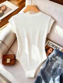 SHEIN PETITE CURVE Women's Summer All White Mesh Patchwork Neck Bodysuit, Crew Neck Short-Sleeve High-Cut Slim Fit Base Layer, Sexy Glamorous Outfits For Party Club - White - View 2