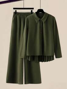 EMERY ROSE 大码女式休闲通勤百搭褶裥长袖衬衫和直筒裤套装 - 軍綠色 - 查看 1