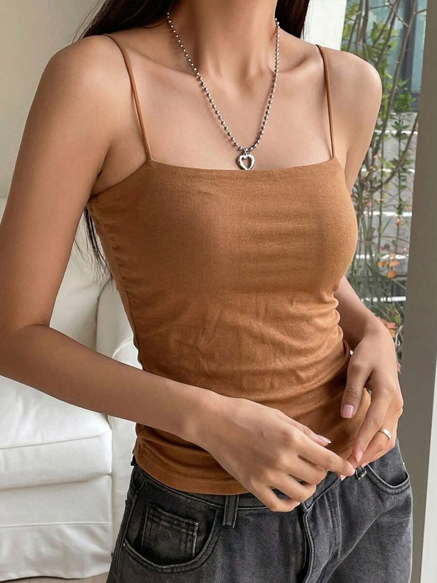 DAZY 女款純色極簡休閒細肩帶背心 - 珊瑚橙 - 查看 1