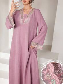 Yasmyna Robe élégante à col en V 2 en 1 avec patchwork de dentelle et manches évasées, printemps/été - Rose bonbon - Voir 10
