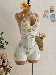Soleia Women's Floral Pattern Casual Boho Daily Beach Vacation Outing Halter Neck Tie Knit Romper White Floral Summer - Multicolor - View 6