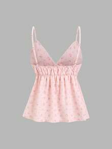 Sweetra Women's Spring/Summer Pink Floral Textured Fabric Front Tie Lace Trim Decor Sweet Sexy Cute Low Neck Camisole Tank Top Suitable For Vacation And Beach - Pink - View 2