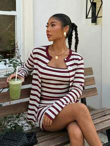 Muchica 女款休閒極簡不對稱彩色條紋針織滿版印花兩件組，百搭風格，適合春夏季 - 彩色 - 查看 5