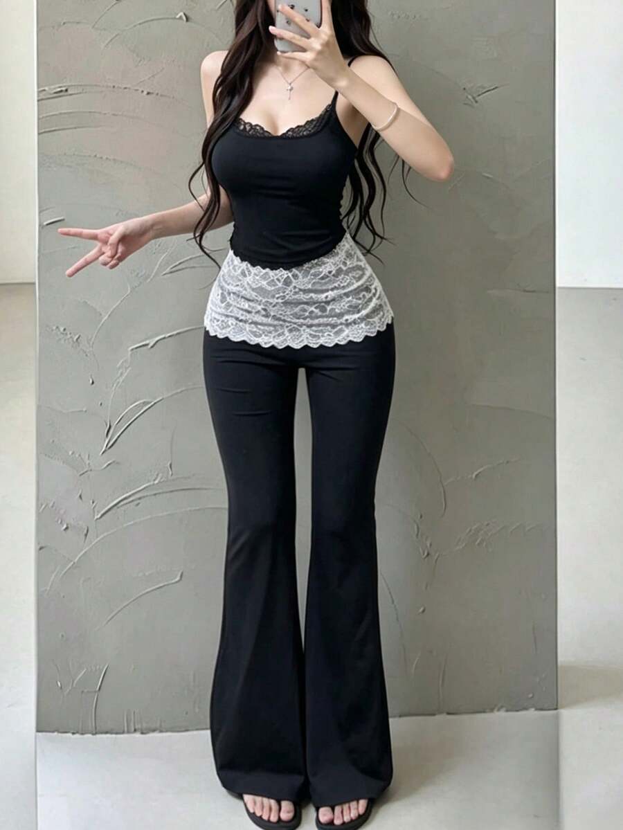Coolane 女士夏季外出休闲优雅弹力舒适蕾丝双腰喇叭黑色裤子